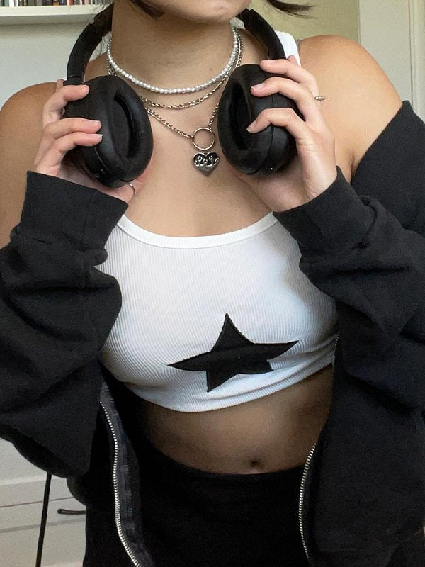 Star Embroidered Rib Cropped Tank Top