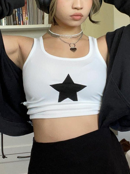 Star Embroidered Rib Cropped Tank Top