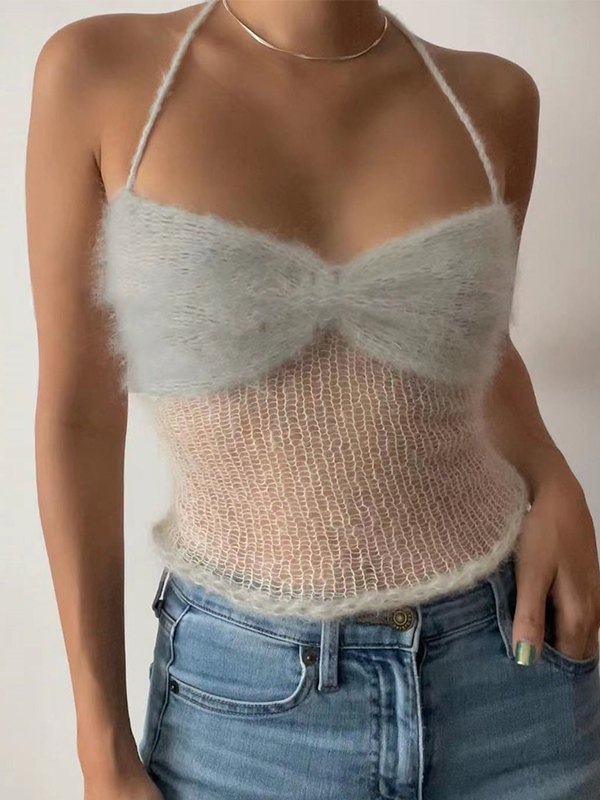 Fuzzy Halter Knitted Crop Cami Top