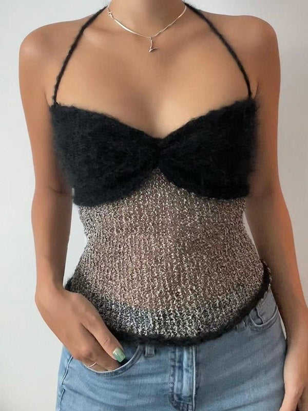 Fuzzy Halter Knitted Crop Cami Top