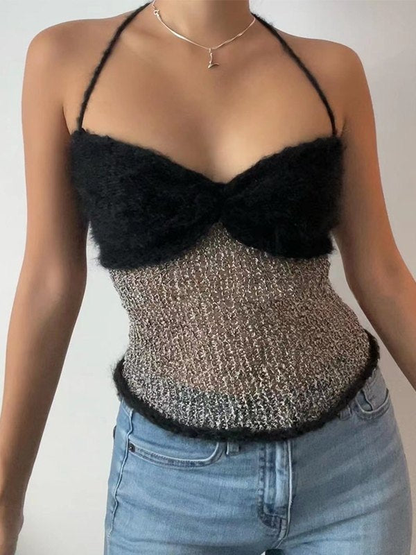 Fuzzy Halter Knitted Crop Cami Top