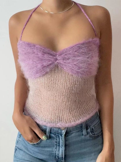 Fuzzy Halter Knitted Crop Cami Top