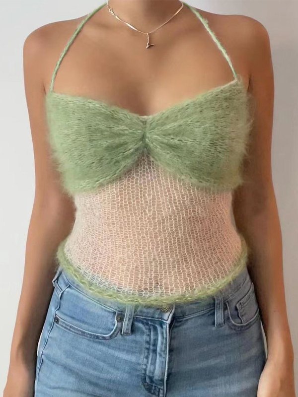 Fuzzy Halter Knitted Crop Cami Top