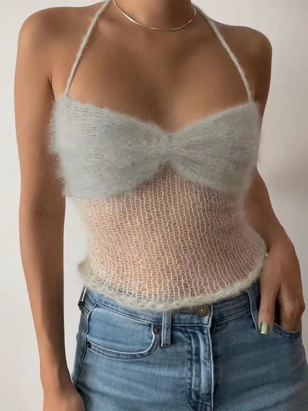 Fuzzy Halter Knitted Crop Cami Top