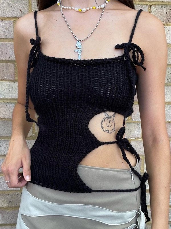 Lace Up Cutout Crochet Knit Crop Cami Top