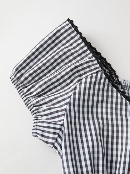 Black Checkered Smocked Blouse