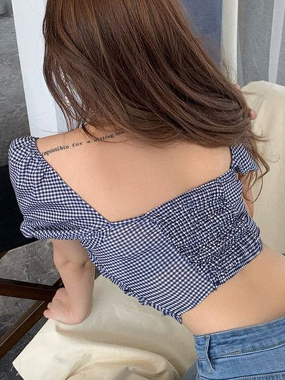 Backless Checkered Puff Sleeve Cropped Blouse