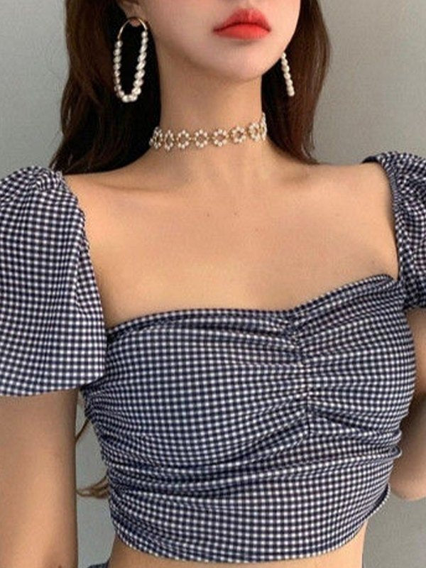 Backless Checkered Puff Sleeve Cropped Blouse