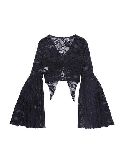 Split Lace Cropped Long Sleeve Blouse