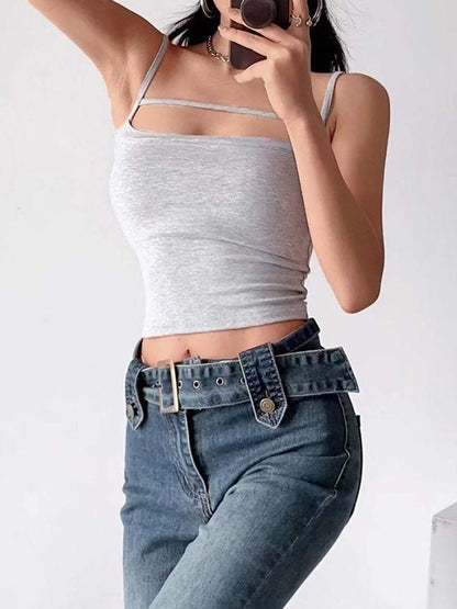 Solid Color Y2k Hollow Out Crop Cami Top
