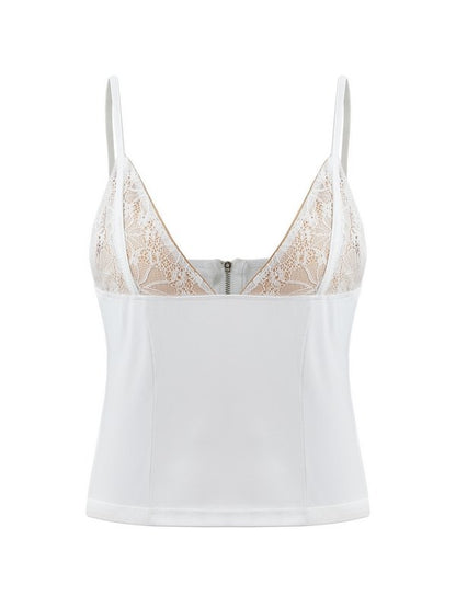 V Neck Panel Lace Crop Cami Top