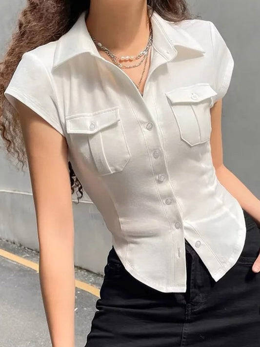 Front Pocket Buttoned Cropped Blouse