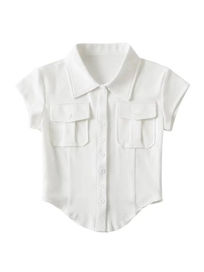 Front Pocket Buttoned Cropped Blouse