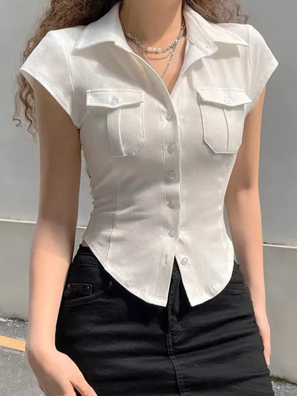 Front Pocket Buttoned Cropped Blouse