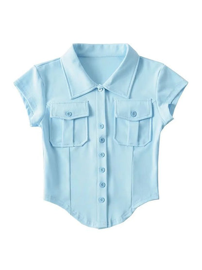 Front Pocket Buttoned Cropped Blouse