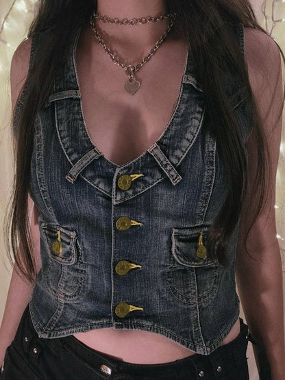 Cropped Button Up Denim Corset Top