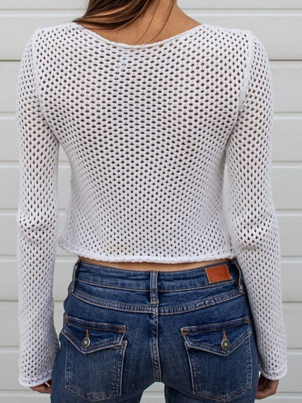 White Tie Front Open Knit Crop Top