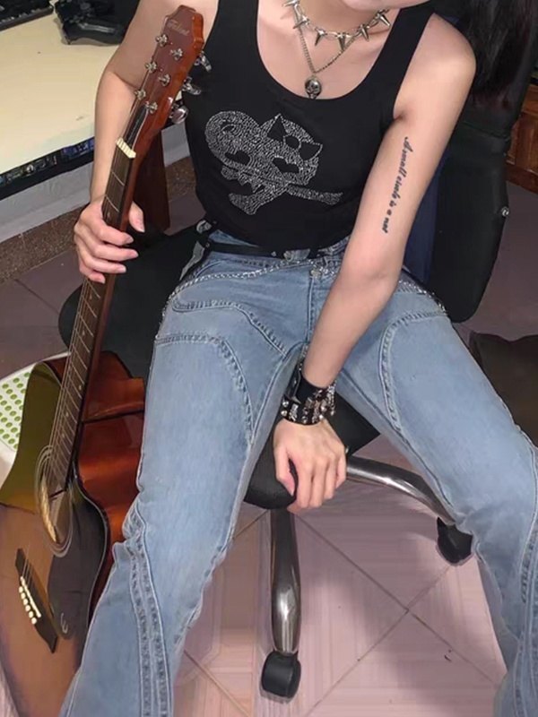 Rhinestone Skull Black Cropped Tank Top