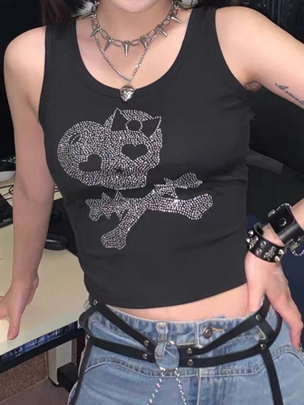 Rhinestone Skull Black Cropped Tank Top