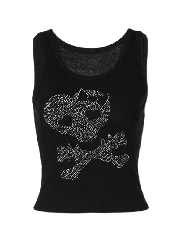Rhinestone Skull Black Cropped Tank Top