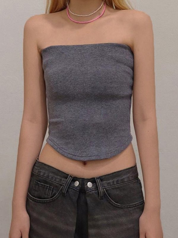 Solid color slim fit collar Bandeau Tops