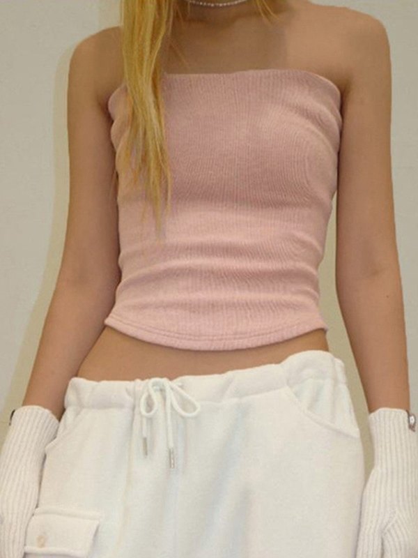 Solid color slim fit collar Bandeau Tops