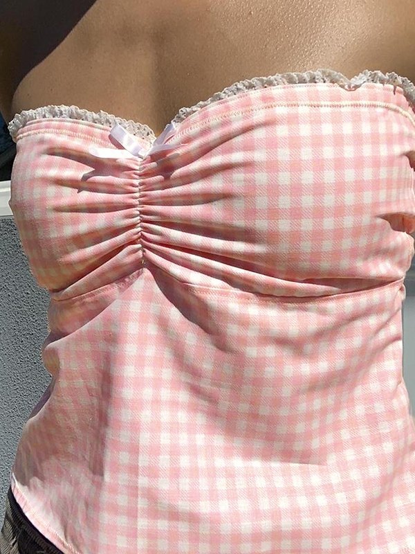Lace Stitching Plaid Bandeau Top