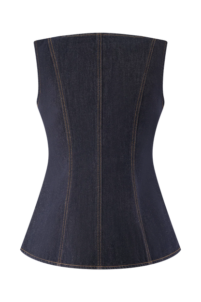 Stassi Denim Square Neck Unique Button Up Princess Seams Vest Top