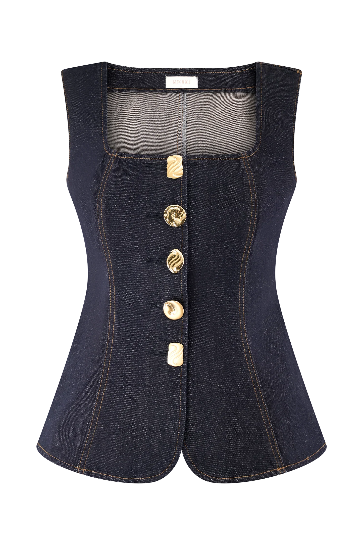 Stassi Denim Square Neck Unique Button Up Princess Seams Vest Top