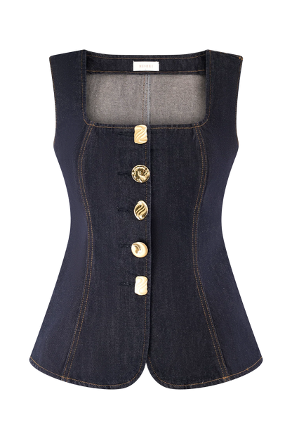 Stassi Denim Square Neck Unique Button Up Princess Seams Vest Top