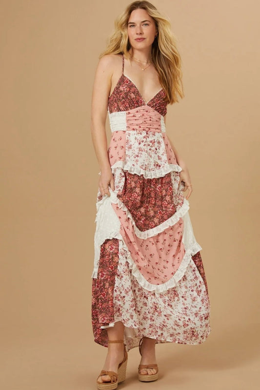 Vestido largo con estampado floral de patchwork