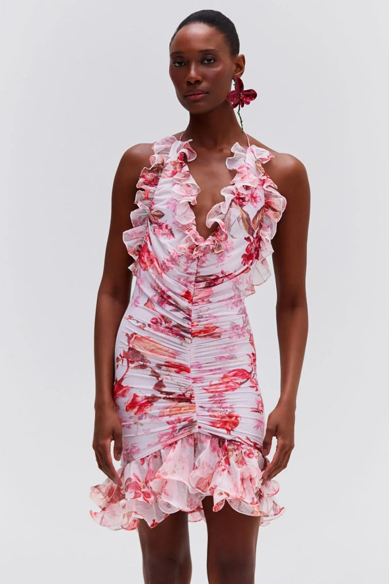 Vestido mini sin mangas de tul elástico con efecto neblina floral