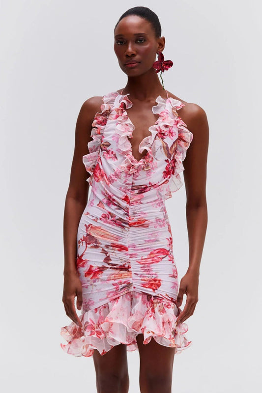 Vestido mini sin mangas de tul elástico con efecto neblina floral