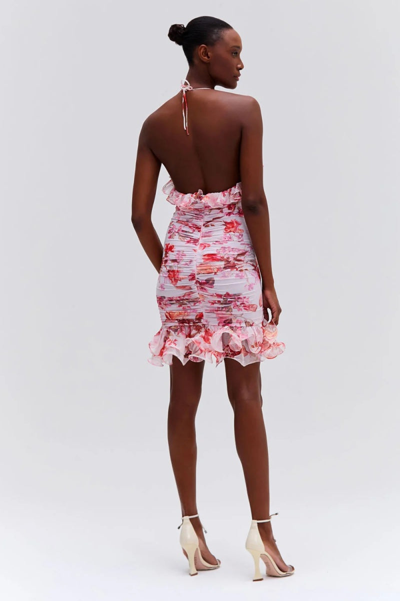 Vestido mini sin mangas de tul elástico con efecto neblina floral