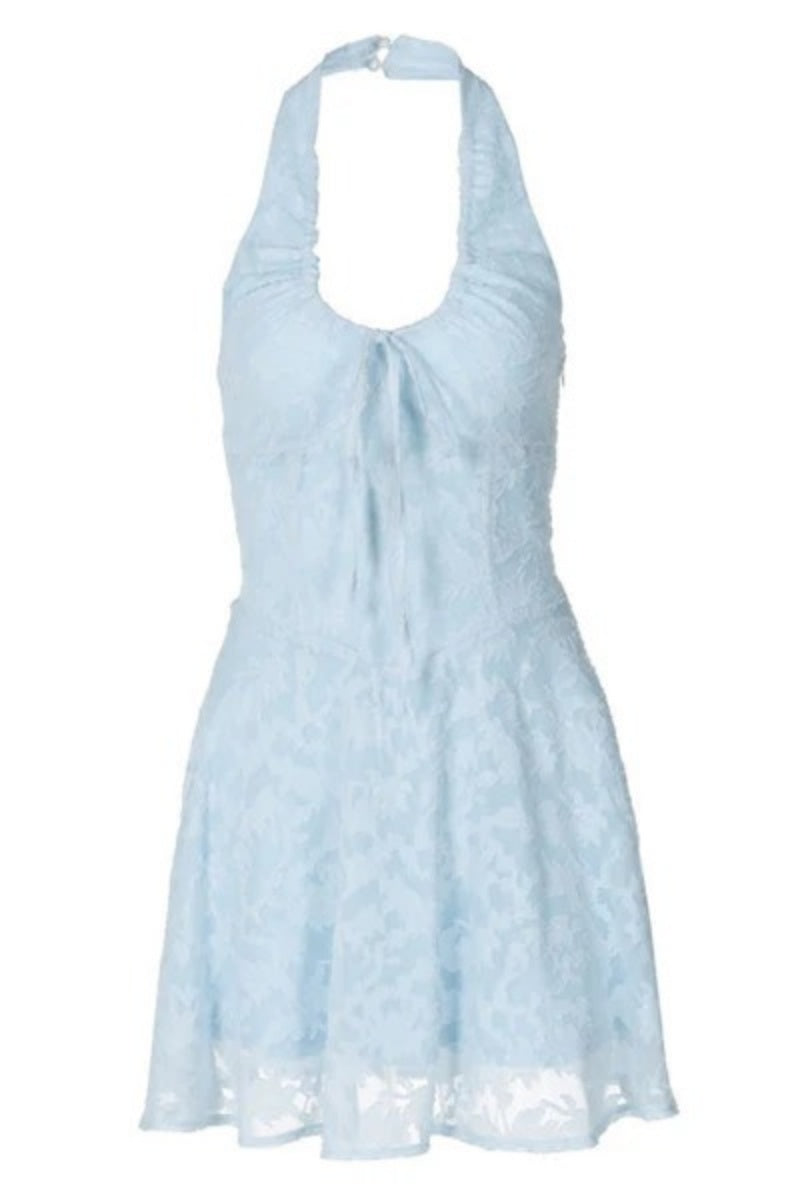 Vestido corto vacacional con estampado floral de jacquard, cintura baja, lazo y cuello halter