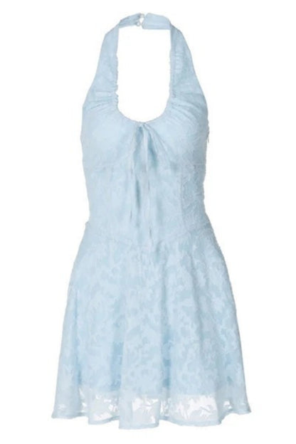 Vestido corto vacacional con estampado floral de jacquard, cintura baja, lazo y cuello halter