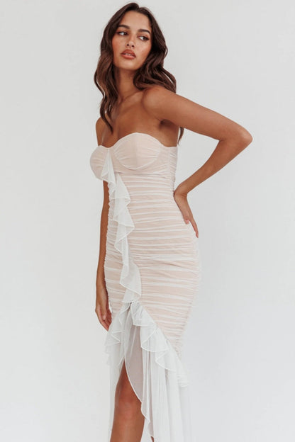 Off-The-Shoulder High-Low Hem Mesh Midi Dress