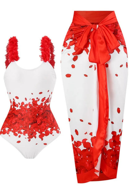 Conjunto de traje de baño con cuello halter y estampado floral rojo