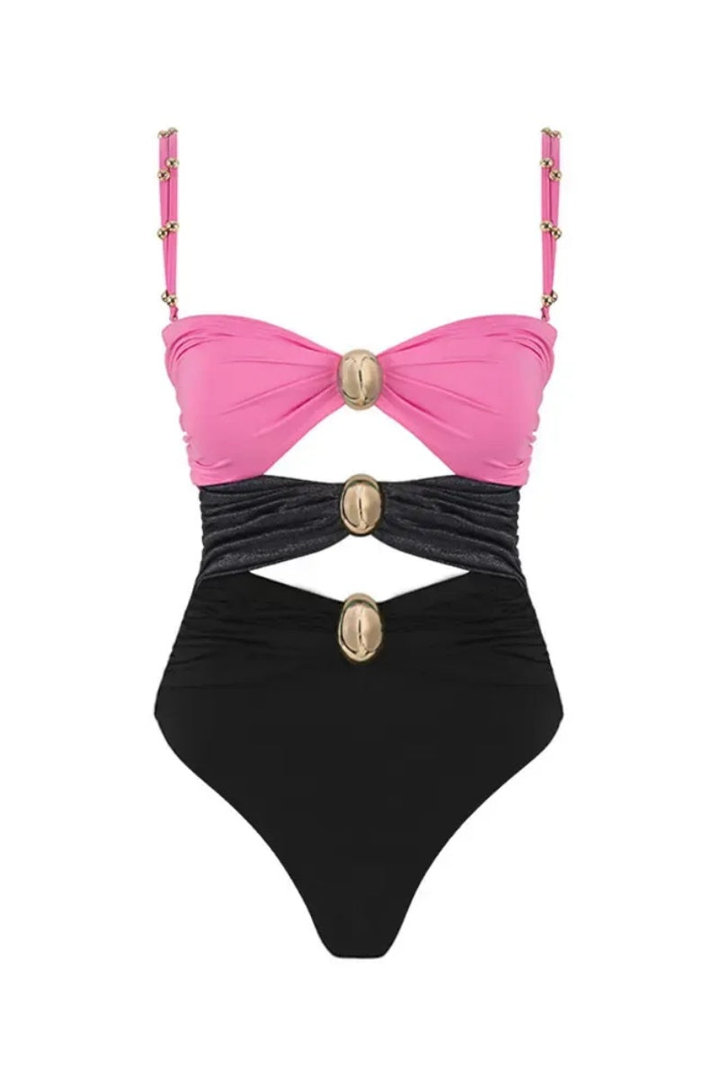 Conjunto de traje de baño de cintura alta con bloques de color Morandi