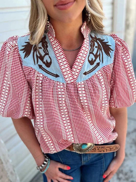 Blusa de manga abullonada con cuadros vichy Prairie Horse