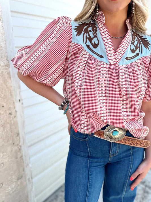 Blusa de manga abullonada con cuadros vichy Prairie Horse
