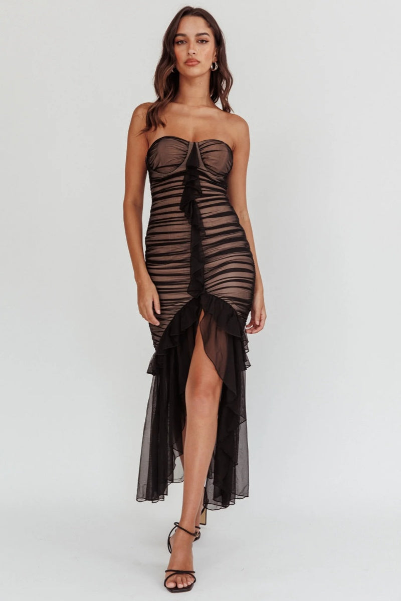 Off-The-Shoulder High-Low Hem Mesh Midi Dress