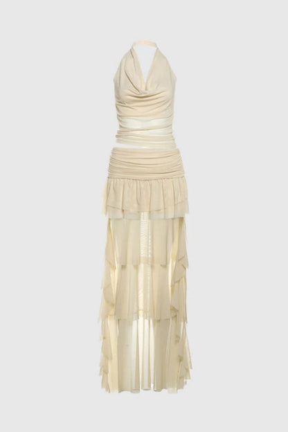 Conjunto de falda con cuello vuelto y malla con volantes