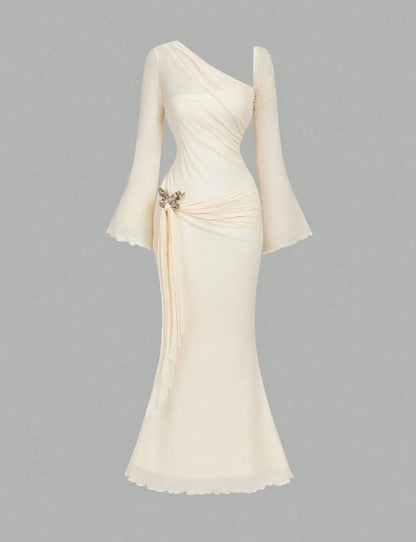 Butterfly Button Pleated Fish Tail Dress