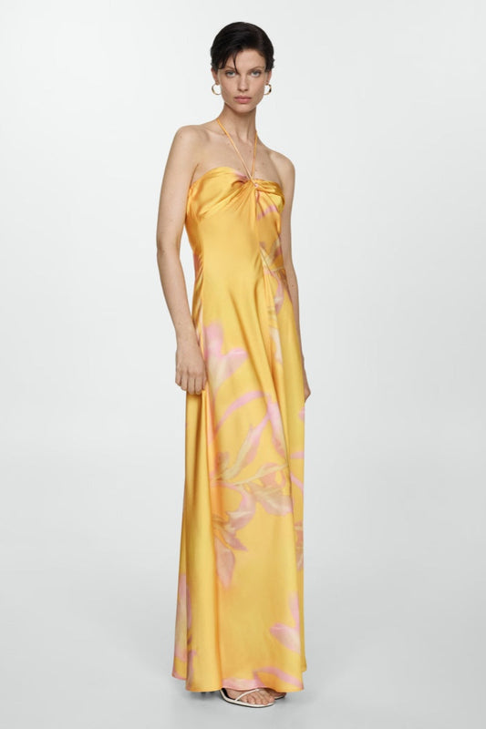 Vestido largo de satén estampado amarillo
