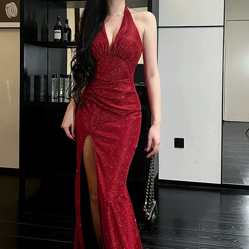 V-Neck Collarless Glittering Dress