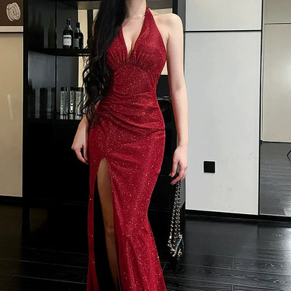 V-Neck Collarless Glittering Dress