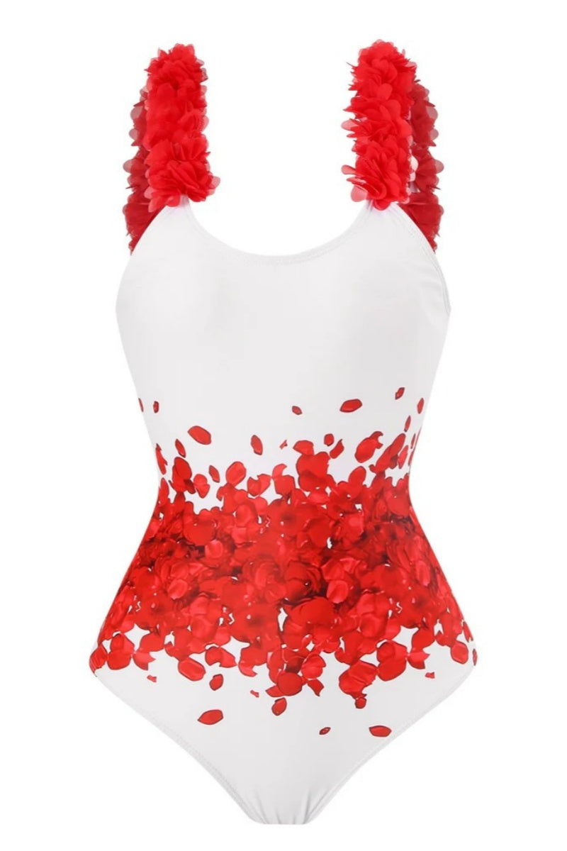 Conjunto de traje de baño con cuello halter y estampado floral rojo