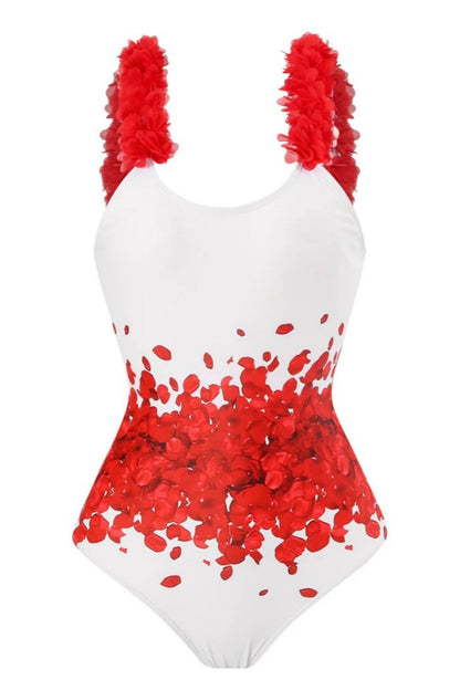 Conjunto de traje de baño con cuello halter y estampado floral rojo