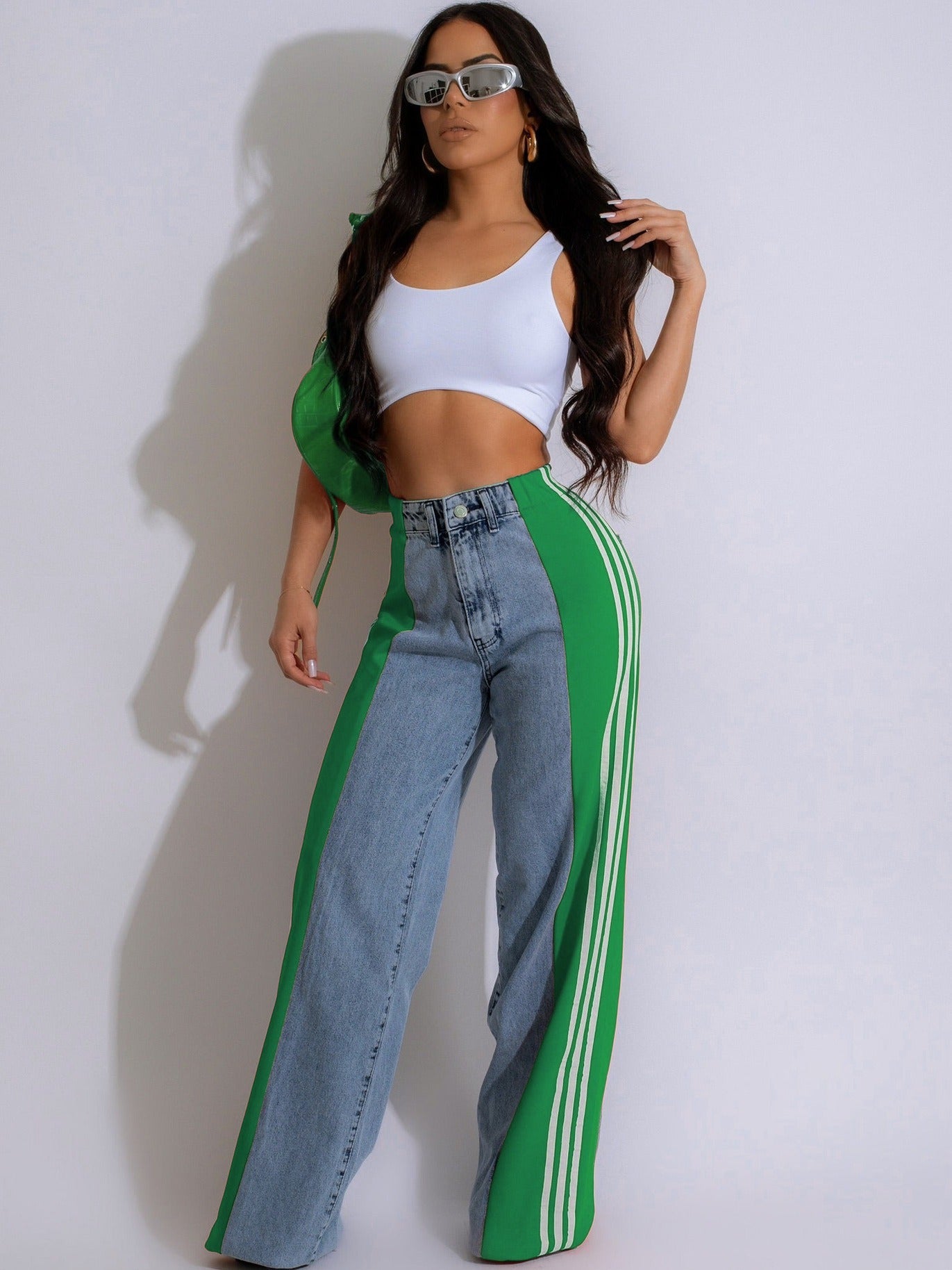 High Waist Spliced Color Ankle Length Jeans Pants